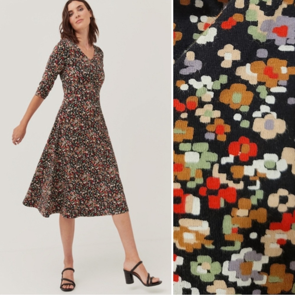 Pact Floral Multicolor Fit and Flare 3/4 Sleeves Midi Party Dress Pockets Small